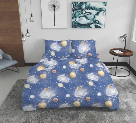 Lenjerie de pat dubla Galaxie, Bedora, 4 piese, 200x220, 100% bumbac, multicolor