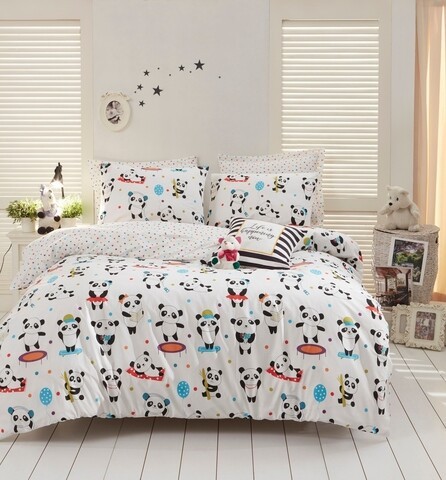 Lenjerie de pat dubla Love Pandas, EnLora Home, 4 piese, bumbac ranforce, multicolor