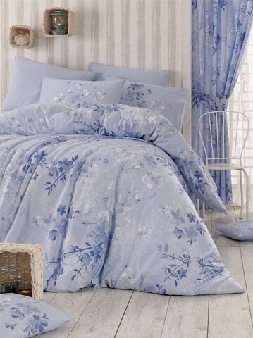 Lenjerie de pat dubla, Pearl Home, Elena Blue, 4 piese, 100% bumbac ranforce, bleu