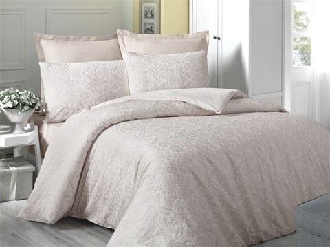 Lenjerie de pat dubla King Size, Victoria, Cream, 6 piese, 240x260 cm, 100% bumbac satinat, crem