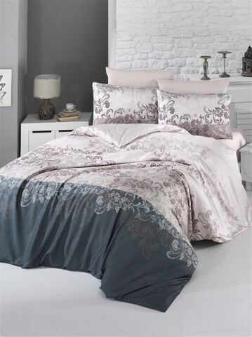 Lenjerie de pat dubla King Size, Victoria, Rina Brown, 6 piese, 100% bumbac satinat, tesatura Jacquard, maro