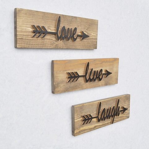 Set 3 decoratiuni de perete Love Live Laugh, Elvila Originals, 40x14 cm, handmade, lemn de molid