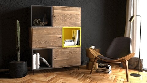 Biblioteca Bengu, Kalune Design, 140x30x110 cm, maro/antracit/galben