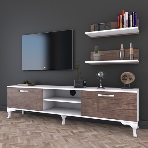 Comoda TV cu 2 rafturi de perete A4 - 55, Wren, 150 x 30 x 43.7 cm/50 x 15 x 13 cm, walnut/white