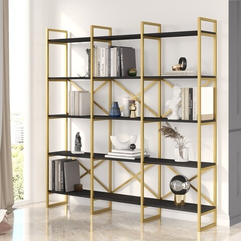 Biblioteca, Locelso, VG6-LB 956LCS1428, 170 x 175 x 30 cm, pal melaminat, negru/auriu