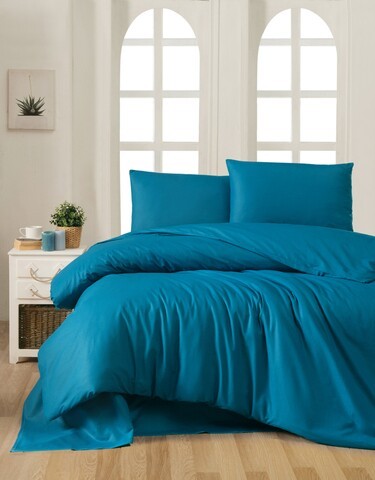 Lenjerie de pat dubla King (EU) Petrol Blue, Patik, 3 piese, 260x220 cm, bumbac ranforce, albastru