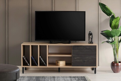 Comoda TV, Kalune Design, Casares, 140x55x40 cm, Stejar / Maro închis