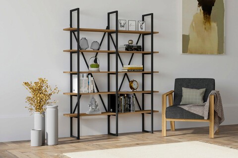 Corp biblioteca, Puqa Design, Burgaz, 126x160x26 cm, PAL, Nuc / Negru