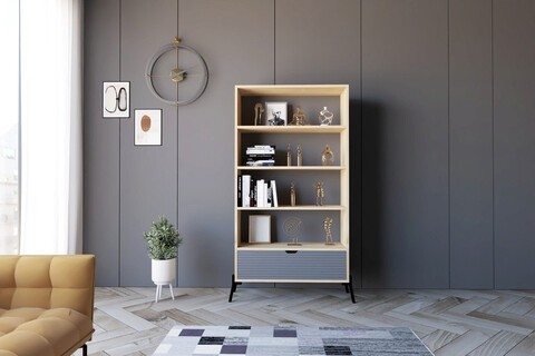 Corp biblioteca, Puqa Design, Numana, 83.6x160x30 cm, PAL, Stejar safir / Antracit