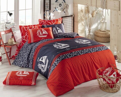 Lenjerie de pat pentru o persoana Single XL (DE), Marine - Red, Pearl Home, Bumbac Ranforce