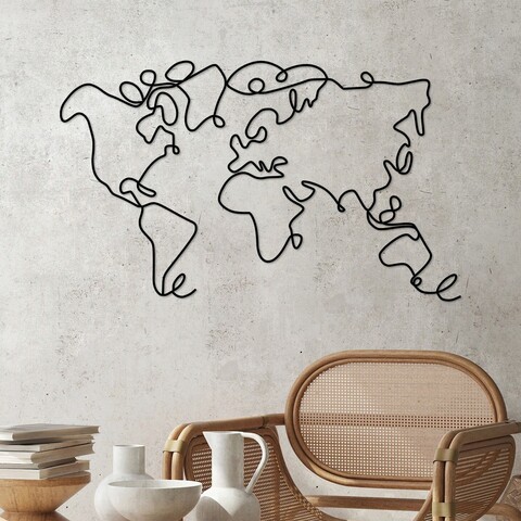 Decoratiune de perete, World Map, Metal, Grosime: 2 mm, Negru