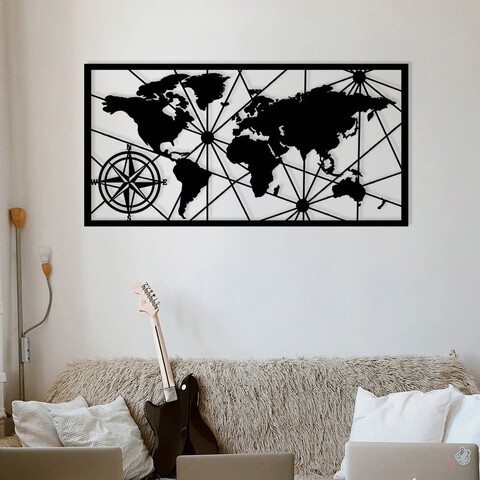 Decoratiune de perete, World Map 11, metal, 116 x 58 cm, negru