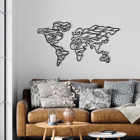 Decoratiune de perete, World Map 1, Metal, Dimensiune: 135 x 71 cm, Negru