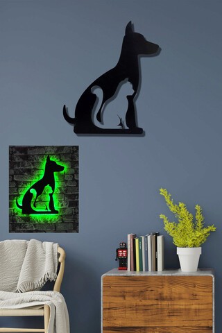 Decoratiune luminoasa LED, Cat n Dog, MDF, 60 LED-uri, Verde