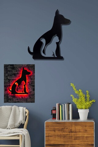 Decoratiune luminoasa LED, Cat n Dog, MDF, 60 LED-uri, Rosu