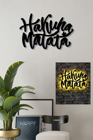 Decoratiune luminoasa LED, Hakuna Matata, MDF, 60 LED-uri, Galben