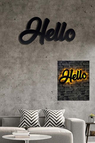 Decoratiune luminoasa LED, Hello, MDF, 60 LED-uri, Galben