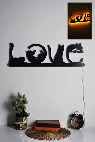 Decoratiune luminoasa LED, Cat Love, MDF, 60 LED-uri, Galben