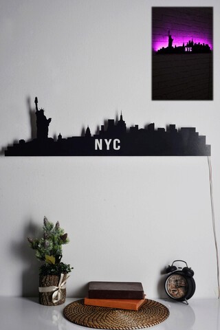 Decoratiune luminoasa LED, NYC Skyline, MDF, 60 LED-uri, Roz