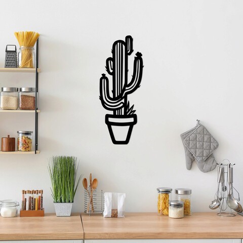 Decoratiune de perete, Cactus, Metal, Dimensiune: 29 x 70 cm, Negru