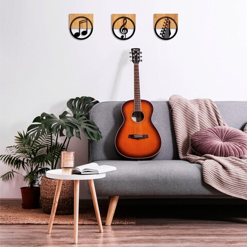 Decoratiune de perete, Just Music, 50% lemn/50% metal, 25 x 3 x 27 cm, 3 piese, Nuc negru