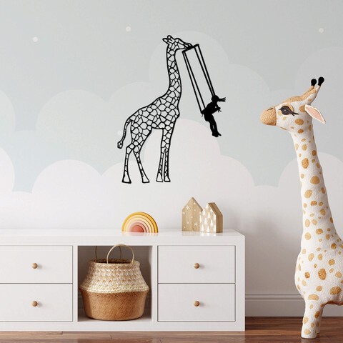 Decoratiune de perete, Girl Swinging Giraffe, Metal, Dimensiune: 51 x 70 cm, Negru