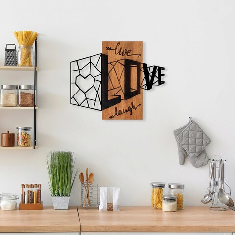 Decoratiune de perete, Live Love Laugh, Lemn/metal, Dimensiune: 68 x 58 cm, Nuc / Negru