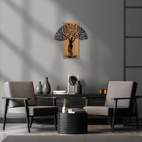 Decoratiune de perete, Woman Tree 3, 50% lemn/50% metal, Dimensiune: 54 x 58 cm, Nuc / Negru