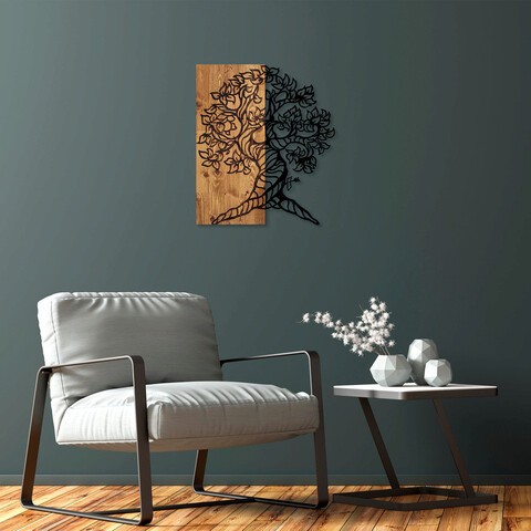 Decoratiune de perete, Monumental Tree 1, 50% lemn/50% metal, Dimensiune: 50 x 58 cm, Nuc / Negru