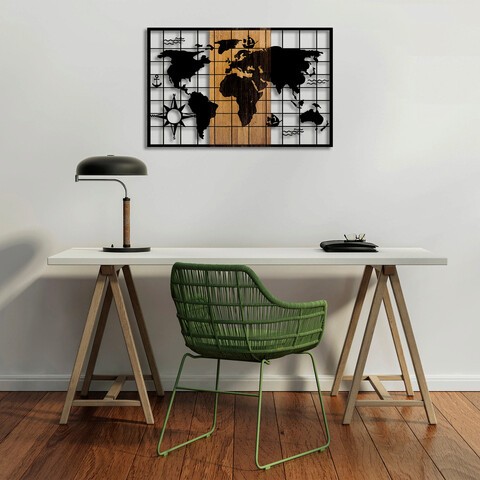 Decoratiune de perete, World Map, 50% lemn/50% metal, Dimensiune: 90 x 3 x 58 cm, Nuc negru