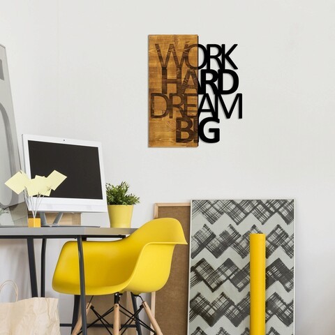 Decoratiune de perete, Work Hard Dream Big, 50% lemn/50% metal, Dimensiune: 48 x 58 cm, Nuc / Negru