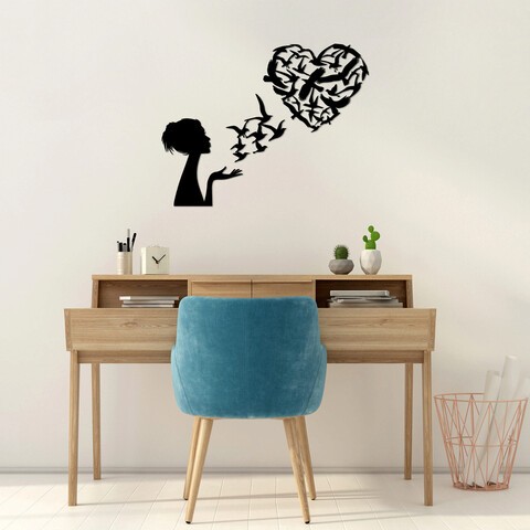 Decoratiune de perete, Birds Woman Heart, Metal, Dimensiune: 63 x 50 cm, Negru