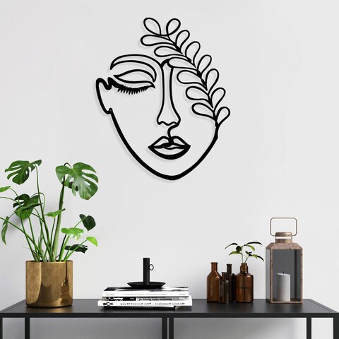 Decoratiune de perete, Woman Face With The Branch, Metal, Dimensiune: 40 x 65 cm, Negru