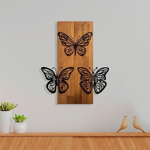 Decoratiune de perete, Butterflies 1, Lemn/metal, Dimensiune: 47 x 58 cm, Nuc / Negru