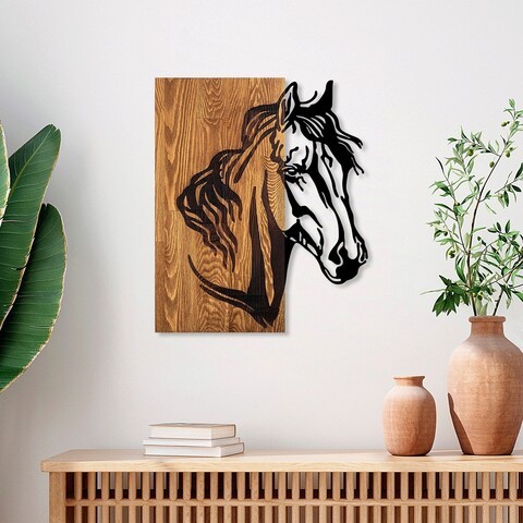 Decoratiune de perete, Horse 1, Lemn/metal, Dimensiune: 48 x 57 cm, Nuc / Negru