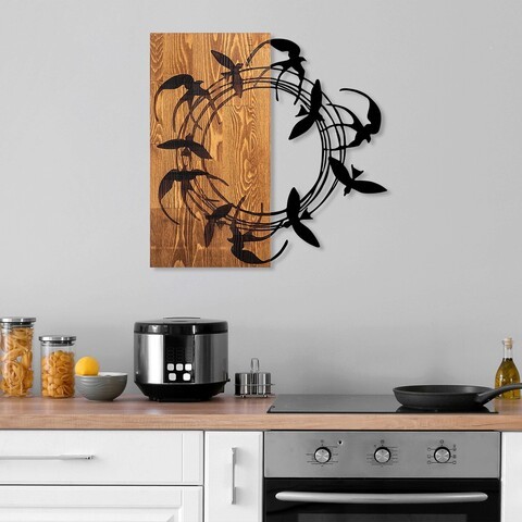 Decoratiune de perete, Spiral Birds 1, Lemn/metal, Dimensiune: 58 x 58 cm, Nuc / Negru