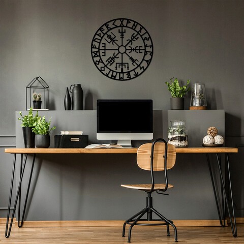 Decoratiune de perete, Vegvisir 6, Metal, Dimensiune: 62 x 62 cm, Negru