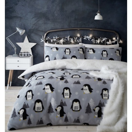 Lenjerie de pat din fleece gri 200x200 cm Cosy Penguin - Catherine Lansfield