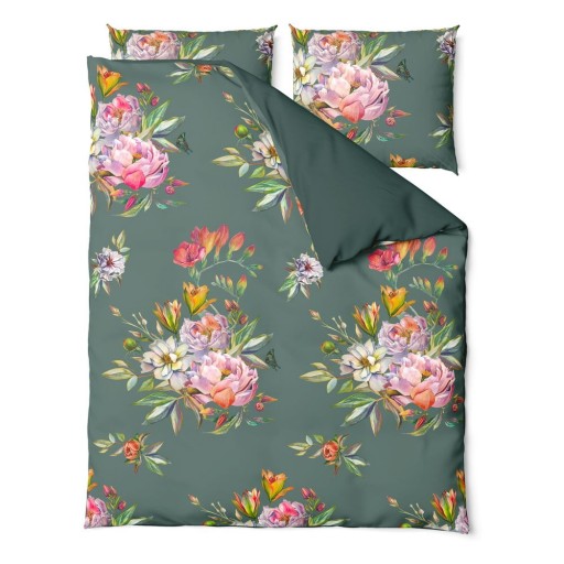 Lenjerie de pat din bumbac satinat pentru pat dublu Bonami Selection Floret, 160 x 220 cm, verde închis