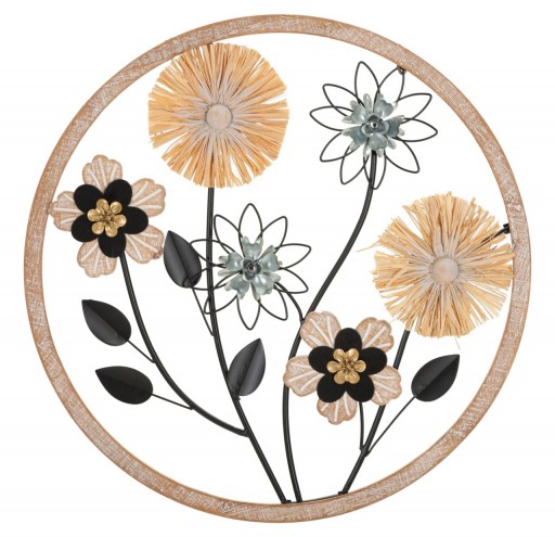 Decoratiune de perete Flowery, Mauro Ferretti, Ø50 cm, fier/MDF/rafie, maro/negru