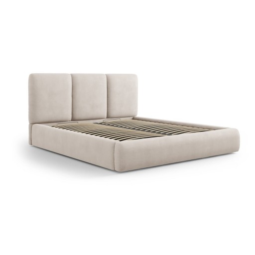 Pat matrimonial bej tapițat cu spațiu de depozitare și somieră 140x200 cm Brody – Mazzini Beds