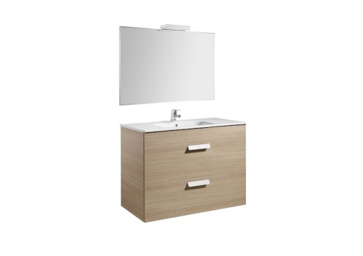 Set mobilier Roca Debba Standard dulap baza cu 2 sertare 100x46cm Stejar Texturat lavoar si oglinda iluminata