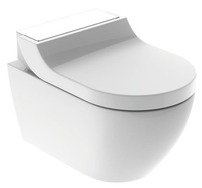 Set vas WC suspendat Geberit AquaClean Tuma Comfort capac inchidere lenta functie bideu electric ornament sticla alba