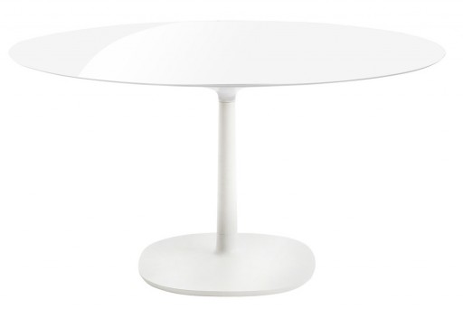 Masa rotunda Kartell Multiplo design Antonio Citterio d118cm h74cm baza patrata blat sticla alb