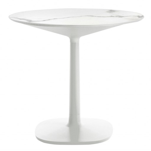 Masa rotunda Kartell Multiplo design Antonio Citterio d78cm h74cm baza patrata blat cu finisaj marmura alb