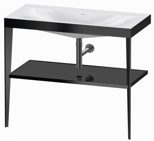 Set mobilier Duravit XViu cu lavoar 100cm fara orificiu baterie consola metalica negru mat si raft de sticla negru lucios