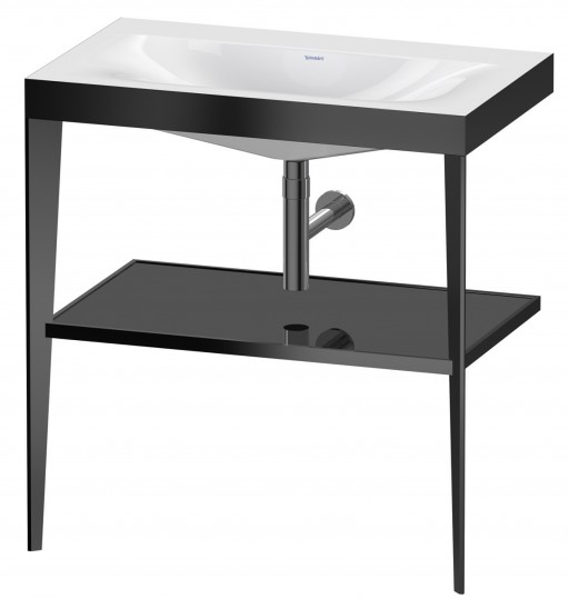 Set mobilier Duravit XViu cu lavoar 80cm fara orificiu baterie consola metalica negru mat si raft de sticla negru lucios