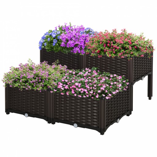 Outsunny Set 4 Ghivece Decorative din Rattan, Rezistente la UV și Apă, Polipropilenă, Maro, 40x40x44 cm | Aosom Romania