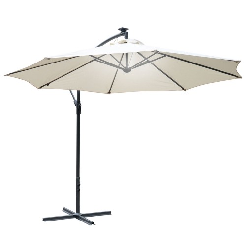 Outsunny Umbrelă Solară de Grădină cu Braț Manivelă și Iluminare LED Solară 8 Benzi Φ295x245cm Crem | Aosom Romania