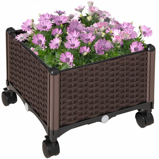 Outsunny Jardinieră Mobilă Exterior din Plastic, cu 4 Roți, Ușor de Mutat, Maro | Aosom Romania